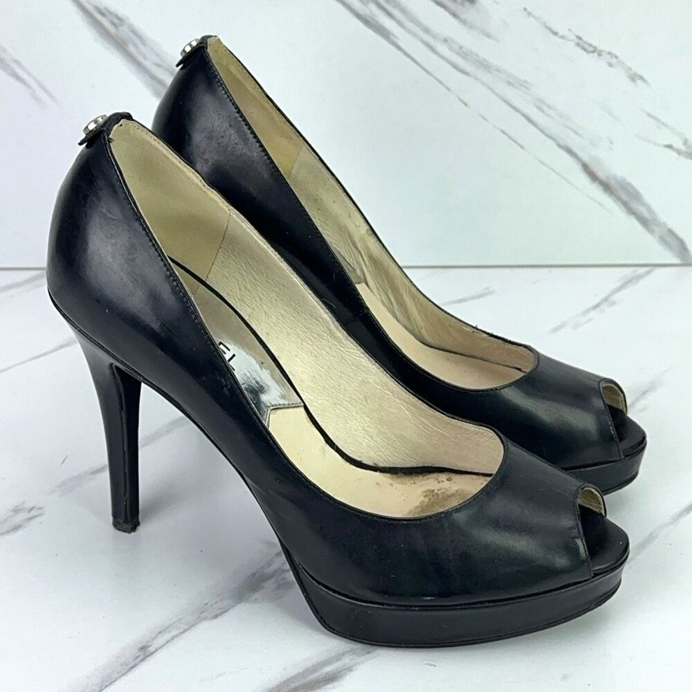 Michael Kors York Black Patent Leather Peep Toe Platform Heels Size US 6 M